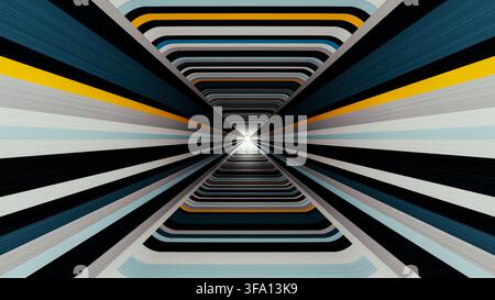 Geometric blue, yellow, black and white lines race toward a bright vanishing point in a futuristic abstract tunnel. Stock Photo