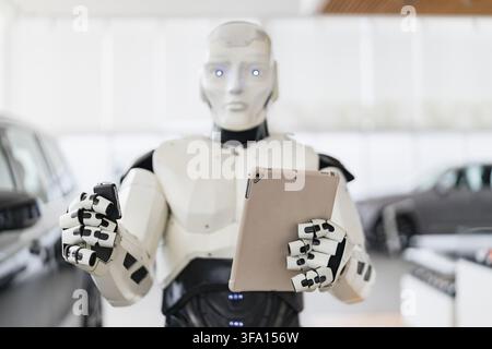 Robot Selling Cars With Tablet Stock Photo
