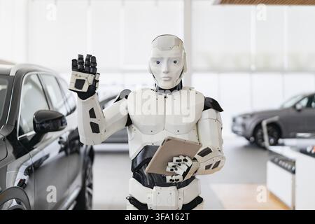 Robot Car Salesman with Tablet Stock Photo