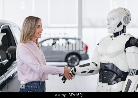 Robot and Woman Shaking Hands Stock Photo