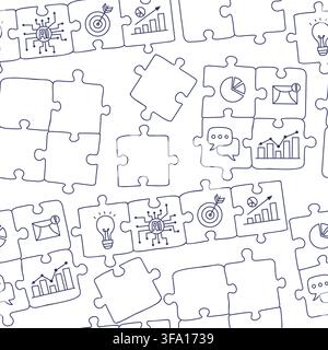 Seamless Puzzle Doodle Pattern. Outline AI Chip, Circuit Lines, Gears, Chat Bubbles, Charts, Graphs, Light Bulbs, Envelopes And Business Technology Ic Stock Vector