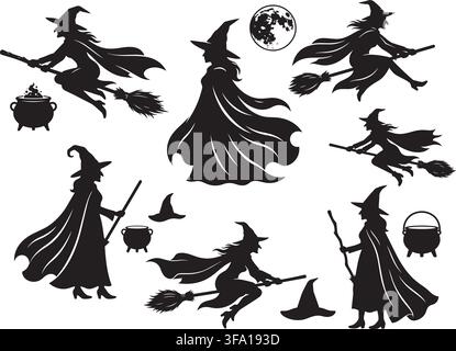 Flying Witch Silhouettes with Broomstick Cauldron and Full Moon Stock Vector