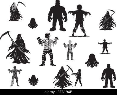Halloween Monster Silhouettes with Grim Reaper Mummy and Zombie Stock Vector