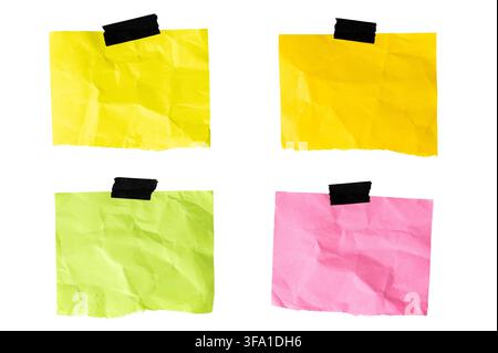 four blank colorful crumpled sticky note papers with black adhesive tape cut out. Template mockup Stock Photo