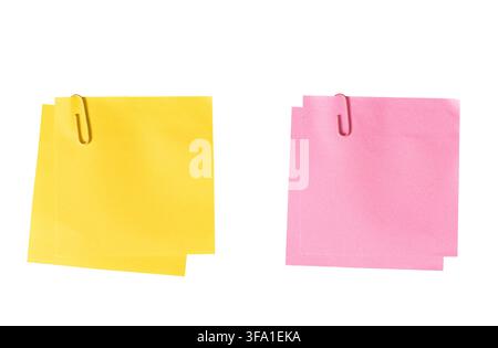 Yellow and Pink blank sticky notes with paper clips cut out. Template mockup Stock Photo