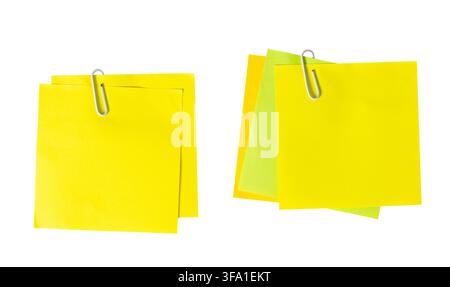 Set of two blank sticky notes with paper clips cut out. Template mockup Stock Photo