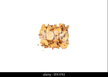 Rectangular shape pile of dried dehydrated apples neatly arranged on white ground Stock Photo