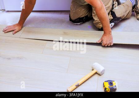 Worker is installing wooden floorboards in house handyman uses mallet for precise fitting. Stock Photo