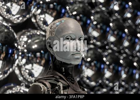 Close-up of Ameca humanoid robot powered by generative AI, Copernicus Science Centre, Warsaw, Poland Stock Photo
