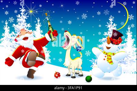 Santa Claus, a goat, and a snowman in a winter forest. A cheerful Santa Claus, a goat, and a snowman are enjoying Christmas night. The joy of Christma Stock Vector