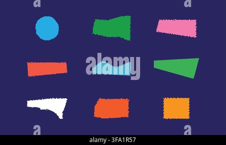 colorful abstract brush stroke shapes with textured rough painted edges on dark background Stock Vector