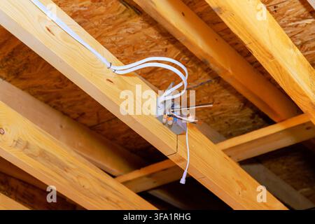 Wires are attached to junction box on beams inside building under renovation Stock Photo