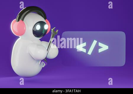 3D AI developer support concept, cute glossy plastic robot with chrome wrench fixing programming code icon on purple background Stock Photo