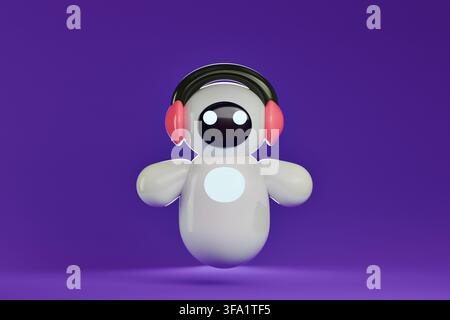 3D AI assistant robot character with headphones, cute glossy plastic friendly chatbot avatar on purple background Stock Photo