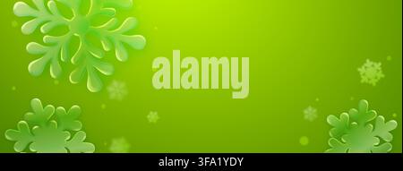 Vibrant green background featuring abstract foliage and glossy glassmorphism snowflakes, perfect for a modern Christmas greeting card design. Stock Vector