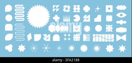 Trendy vector brutalism colorful Y2K shapes icons arcs, waves, stars, ovals, spirals, and other primitive elements. Swiss design aesthetic. Abstract geometric figures. Bauhaus Memphis design. Stock Vector