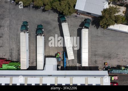 Aerial view of an avocado packing house with semi-trucks parked at loading docks, stacks of plastic crates, and warehouse facilities in Tancitaro, Mic Stock Photo