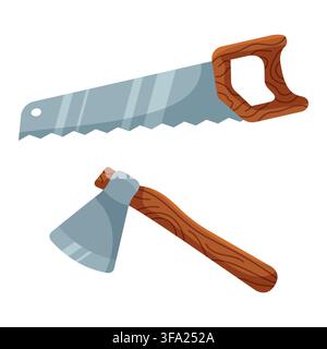 Saw and ax. Isolated vector illustration in cartoon flat style. Stock Vector