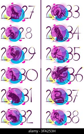 All the years of the Chinese calendar. Happy New Year. Hand drawn. Not AI, vector illustration. Stock Vector