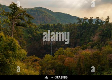 A slender waterfall drops from a high dark rock cliff into dense tropical forest, surrounded by layered mountain slopes and warm sunlight. Stock Photo