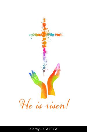 Hands folded in prayer at a religious cross Hand drawn. Not AI, vector illustration. Stock Vector