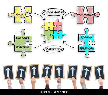 Hands holding writing slates with arrows pointing on partnership concept Stock Photo