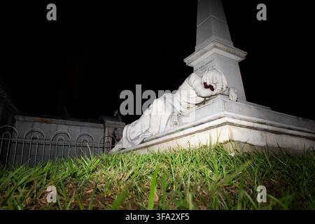 A dramatic low-angle night shot of a draped marble mourning figure resting against an obelisk tombstone, framed by wild grass in the foreground and a Stock Photo
