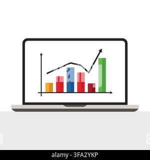 Modern laptop illustration displaying a colorful business analytics chart, growth trends, financial data, performance metrics, and digital reporting i Stock Vector