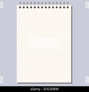 Ivory dotted grid notebook page shows fine ruling, top wire binding, and upright portrait format on light gray background. Suitable for schoolwork, planning, stationery layouts, notes and Stock Vector