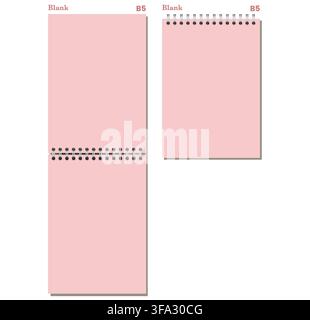 Set of pink blank B5 spiral pages has black side and top coils, clean rectangular sheets, and gray shadows. Useful for journaling, lesson notes, business planning, or printable inserts Stock Vector