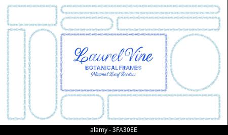 Blue laurel vine borders shape rectangle, arch, circle plus oval frames beside botanical title text as minimal wedding trim isolated on white for invitation stationery or label designs. Stock Vector