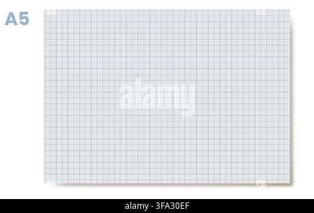 A5 landscape blue millimeter graph sheet with hierarchical squares, corner size label and soft drop shadow on white. Useful for printable compact notes, planner grids, school geometry or draft pages Stock Vector