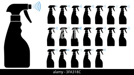 Set of twenty black spray bottle silhouettes displays varied blue mist jet droplet cloud arc patterns. Suits cleaning disinfection UI kits packaging manuals hygiene apps logos marks Stock Vector