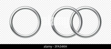 Silver Wedding Ring Set with Single and Interlocking Wedding Bands, 3d Vector Illustration. Elegant Silver Circular Frames and Marriage Clipart Stock Vector