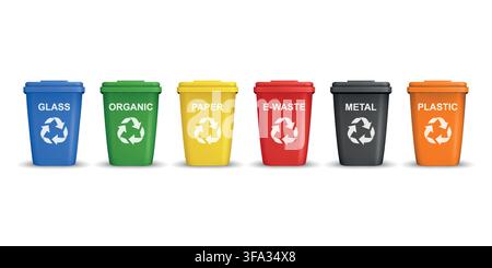 Recycling Bins Set, 3d Vector Illustration. Glass Organic Paper E-Waste Metal Plastic. Color Trash Bin Set. Realistic 3d Garbage Containers for Stock Vector
