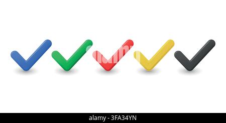 Check Mark Icon Set, 3d Vector Illustration. Colorful Tick Symbols in Blue, Green, Red, Yellow and Black. Approved, Verified and Correct Sign Stock Vector