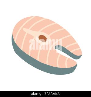 Raw salmon fish steak vector illustration. Fresh seafood slice isolated on white background for grill menu, healthy cooking, picnic design, and food Stock Vector