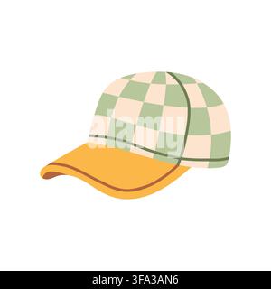 Green and cream checkered baseball cap with yellow brim vector illustration. Cute summer headwear isolated on white background Stock Vector