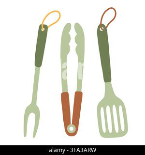 Barbecue utensil set vector illustration with fork, tongs, and spatula. Kitchen grill tools isolated on white background for outdoor summer cooking Stock Vector