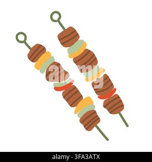 Grilled meat and vegetable skewers vector illustration. Delicious shish kebab isolated on white background for summer barbecue menu, food print, and Stock Vector