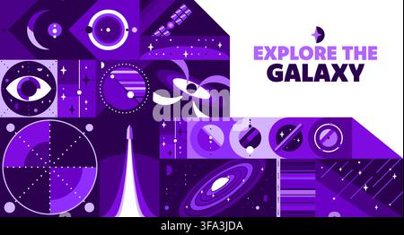 Galaxy space explore banner with mosaic modern geometric pattern of universe stars, planets and rocket launch. Galaxy explore spaceship in outer space with moon and black hole abstract shapes pattern Stock Vector