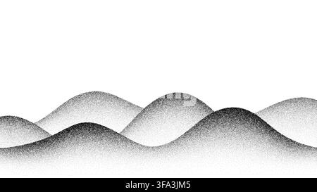 Mountains dot noise landscape, noisy grain texture background. Abstract sand stipple waves and gradation halftone landscape. Black and white terrain, grunge grainy hills or sea, desert pointillism Stock Vector