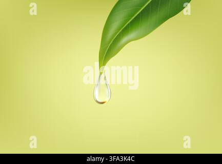 Essential oil drop on green leaf natural background symbolizing natural skincare, botanical oil extract, organic wellness, and eco friendly beauty. Bg for cosmetic products, herbal medicine for health Stock Vector