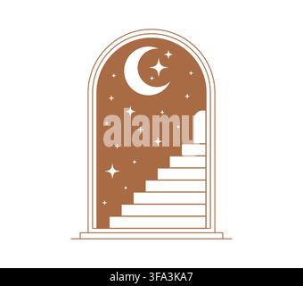 Aesthetic boho window featuring crescent moon and scattered stars above stairs. Surreal scenery art of arched doorway with staircase leading into a starry night sky, symbolizing dream and mystery Stock Vector