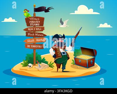 Cartoon pirate captain character with treasure chest on island beach. Cute corsair captain personage with black hat, wood leg and gun guarding treasure chest on pirate island with wood sign board pole Stock Vector