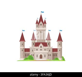 Cartoon kingdom palace castle, fairytale fortress castle, kingdom palace. Old ancient medieval royal building with towers and flags. Fortified stronghold construction. Magic king citadel architecture Stock Vector