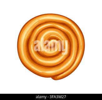 Cartoon sweet cinnamon bun, Danish roll bakery with golden swirl pattern. Swirl sugar pastry cookies with layers of soft baked dough and brown cinnamon. Pastry cookies for bakery and coffee shop menu Stock Vector