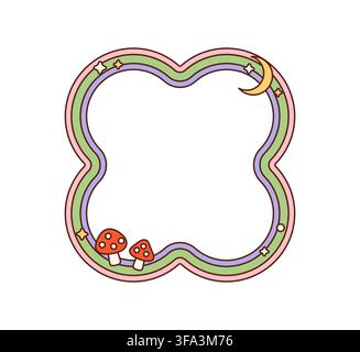 Retro groovy scalloped frame with red mushrooms and crescent moon. Cartoon hippie psychedelic wave border in green, purple and pink wavy tones for kids stationery and social media graphics Stock Vector