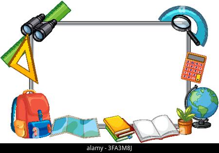 Vector border frame with school supplies, travel gear, and educational tools on white background Stock Vector