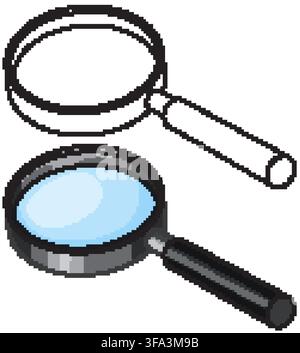 Isometric magnifying glass icons in colored and black and white line art styles on white. Stock Vector